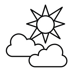 Clouds and sun with light rays thin line icon, climate change concept. Vector graphics. Sunny weather sign on white background, style mobile or design.