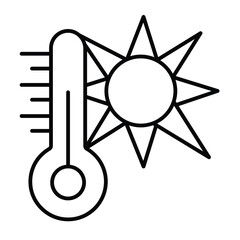 Thermometer and sun light rays thin line icon, climate change concept. Vector graphics. Hot weather, temperature heating sign on white background, style mobile or design.