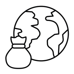 Planet and trash bag thin line icon, climate change concept. Vector graphics. Ecology disaster, pollution danger sign on white background, style mobile or design.