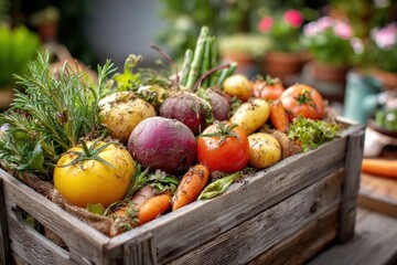 A rustic wooden crate brimming with freshly harvested vegetables, including colorful tomatoes, vibrant beets, golden potatoes, and crisp carrots, showcasing nature's bounty.