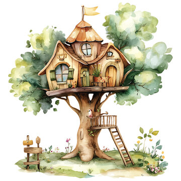 Watercolor whimsical treehouse vector image in light green brown colors on transparent background charming illustration