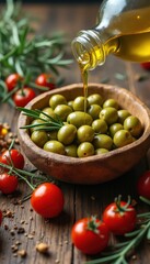 Green olives and olive oil on rustic wooden table
