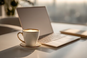 Elegant coffee latte art next to laptop, embodying a modern office aesthetic with natural light, perfect for a productive and enjoyable work environment.