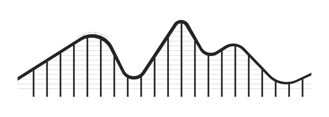 Thrilling roller coaster ride 2D line object. Amusement theme park attraction steep drop. Rail rollercoaster train reaching peak isolated clipart vector ink outline item. Monochrome spot illustration