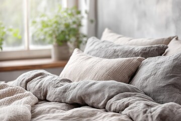 A cozy and inviting bedroom scene featuring soft linen bedding with natural light streaming through a window, creating a relaxing and peaceful atmosphere for sleep.