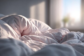 A close-up of a rumpled bed covered in soft, pastel-colored linen, bathed in gentle morning light streaming through a window, creating a cozy and inviting atmosphere.