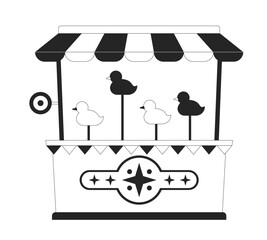 Duck shooting carnival game booth 2D line object. Striped canopy retro amusement attraction. Funfair arcade targets stall isolated clipart vector ink outline item. Monochrome spot illustration