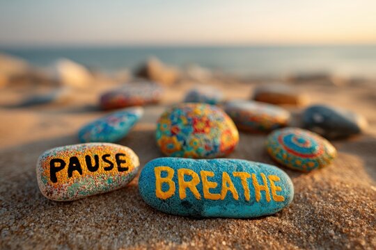 Colorful stones with motivational words 'Pause, Breathe' on a sandy beach at sunset, creating a peaceful and inspiring atmosphere by the ocean's edge.