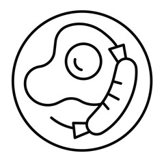 Scrambled eggs and pork sausage thin line icon, culinary cooking concept. Vector graphics. Fried eggs with sausage on plate sign on white background, style mobile or design.