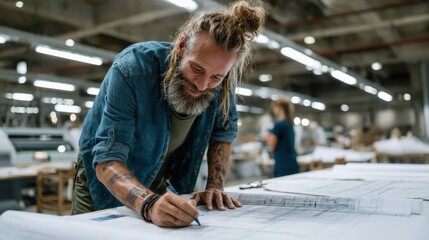 An engaged architect working on detailed blueprint designs in a modern workspace, demonstrating creativity and passion for building and design innovation in a collaborative environment.