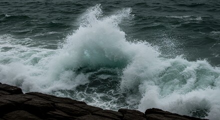 Oceanic Fury: A Dramatic Wave Crashing Against Dark Rocks