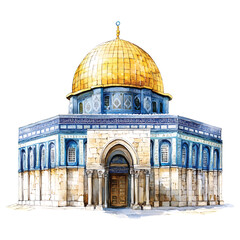 Naklejka premium Dome of the rock watercolor painting jerusalem landmark islamic architecture on transparent background vector png
