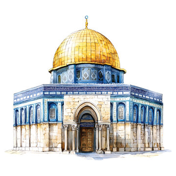Dome of the rock watercolor painting jerusalem landmark islamic architecture on transparent background vector png