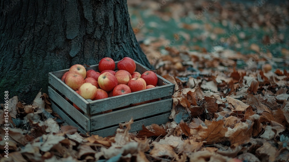 Poster Many apples in a wooden crate by a tree trunk in autumn