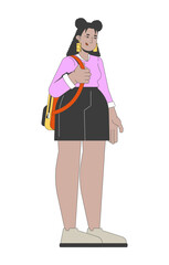 Fototapeta premium Streetwear latin american curvy woman carrying backpack 2D cartoon character. Plus size hispanic girl student with rucksack flat vector person isolated on white. Spot illustration colorful