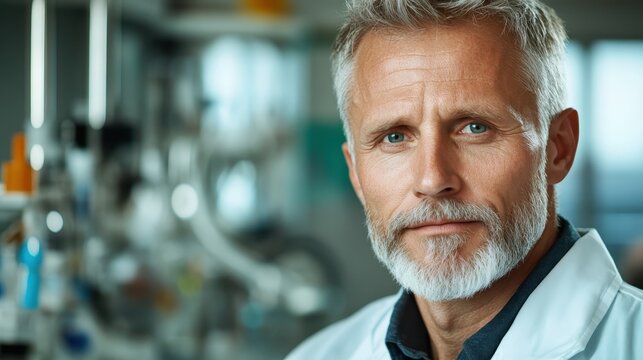 A distinguished scientist with a silver beard wearing a lab coat, representing expertise in research and innovation within a well-equipped laboratory setting.
