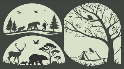 Detailed Nature Wildlife Silhouette Vector Art Set with Forest Animals Bears Deer Hunter Camping Tent and Trees for Outdoor Adventure Designs