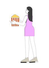 Long-haired asian woman in mini dress carrying popcorn bucket 2D cartoon character. European female in minidress holding movie snack flat vector person isolated on white. Spot illustration colorful