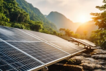 Close-up of solar panels array with warm sunset light in lush green mountain landscape, harnessing clean energy and sustainable technology for a greener future.