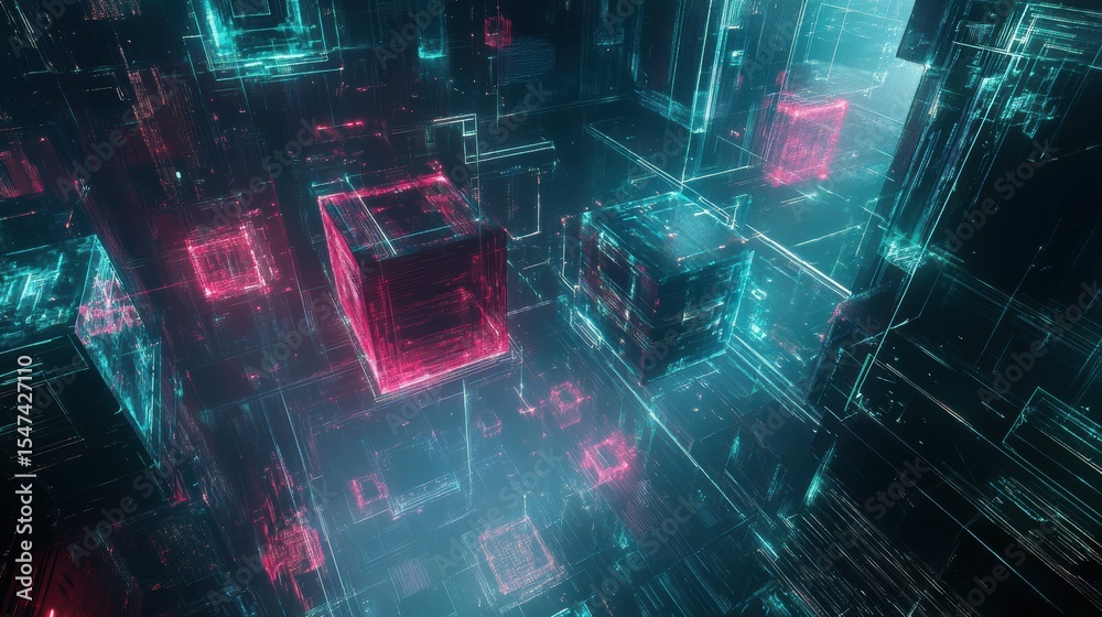 Poster Abstract digital environment with glowing cubes and lines