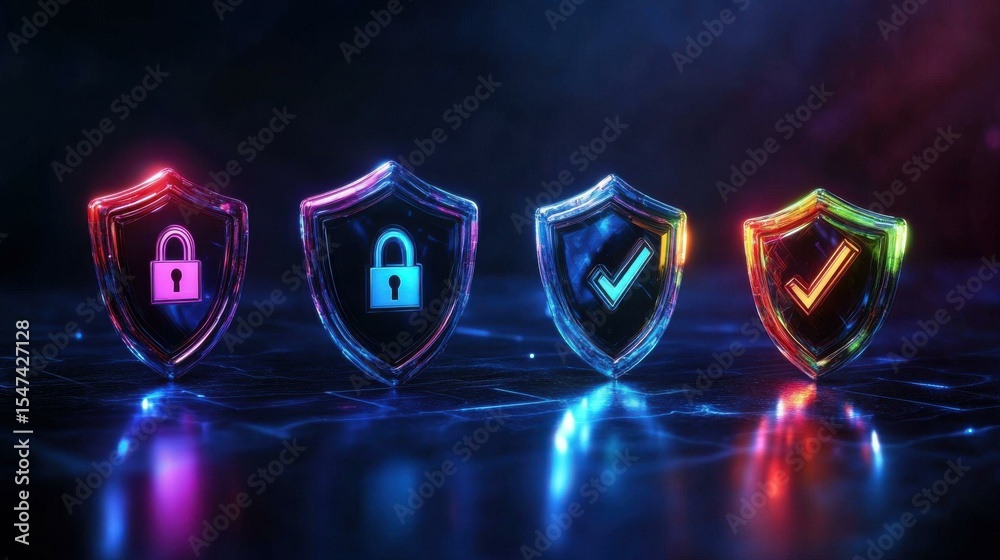 Poster four glowing shields with lock and checkmark icons in abstract night scene