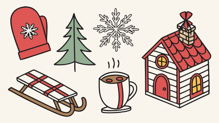 Fototapeta premium Cozy hand-drawn winter holiday collection with Christmas tree, snowflake, warm mitten, sled, hot chocolate mug, and festive cabin house.