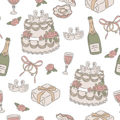 Wedding occasion hand drawn style illustration seamless pattern of cake swan and wine