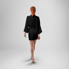 Mockup of black silk kimono with belt on red-haired girl, back view, for design, print, pattern, branding.