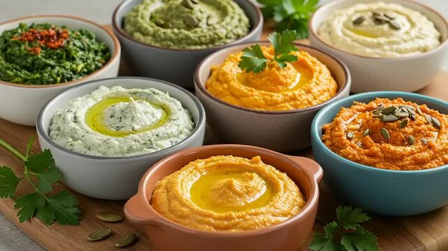 A colorful display of various hummus flavors in bowls, garnished with herbs, on a wooden board