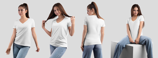 Mockup of white v-neck t-shirt on beautiful girl in blue jeans, front, back view, sitting on cube. Set.