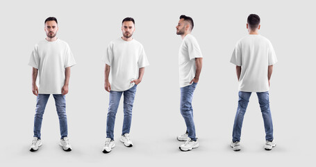 Mockup of white oversized t-shirt on bearded guy in blue jeans, full height, front, back, side view, isolated on background. Set.