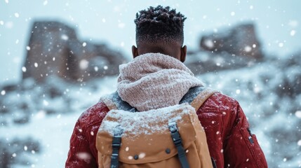 A lone traveler in a red jacket stands against a snowy landscape, capturing the essence of adventure, solitude, and exploration in winter wonderland settings showcasing natural beauty.