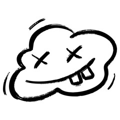 Playful black and white doodle of a cartoon cloud featuring crossed out eyes and a goofy smile with big teeth.