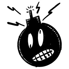Black and white doodle illustration of a cartoon bomb character showing a nervous or panicked facial expression.
