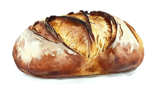 Rustic artisan bread loaf with scored crust pattern in watercolor style, golden brown crusty surface and deep cuts showing soft interior, isolated on white background.