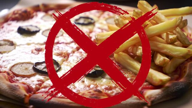 Diet. No fatty or junk food. A slice of pizza and French fries crossed out. Prohibition sign