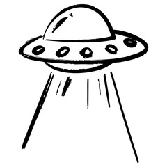 Hand Drawn Black and White UFO Illustration with Light Beam