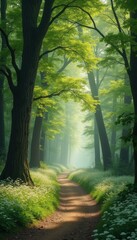 Fototapeta premium Serene winding path through misty forest with flowers
