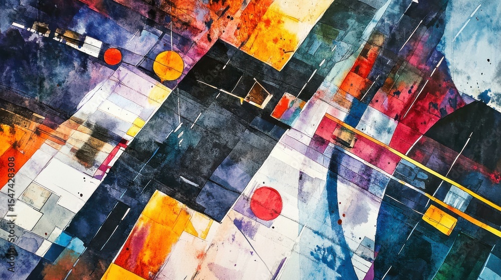 Poster vibrant abstract painting with geometric shapes and color blocks