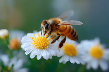 Honey bee collecting nectar and pollen from white daisy flower in garden, macro photography showing detailed wings and body structure against blurred background.