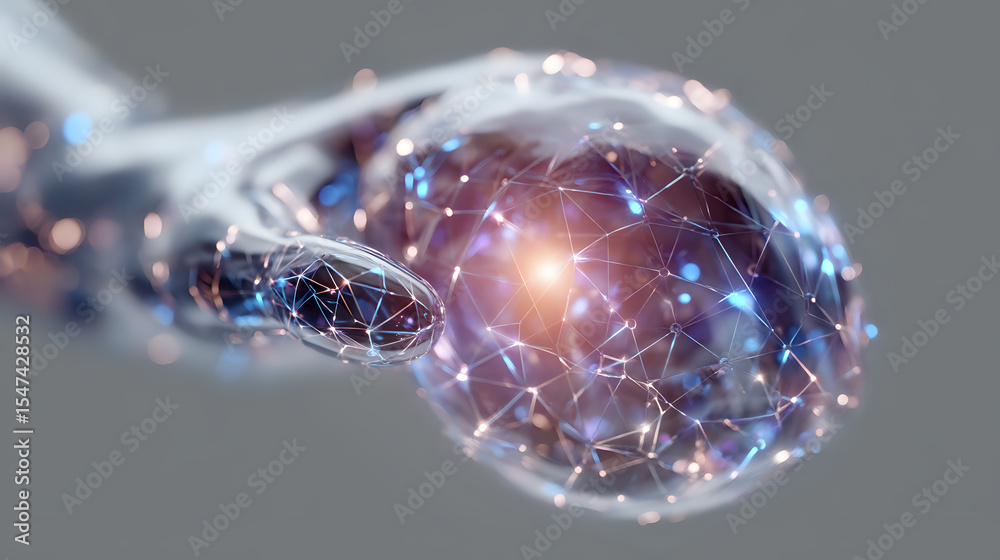 Poster glowing neural network visualization with interconnected nodes and synapses in blue and orange tones