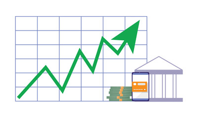 Rising profits, bank building, smartphone payment, cash, success graph, finance technology, business vector art