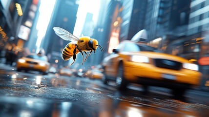 Whimsical bee buzzing through a bustling city street, with skyscrapers and traffic providing a dramatic backdrop to its agile flight.