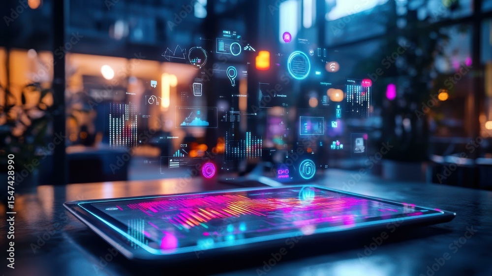 Poster Futuristic tablet displaying vibrant data visualizations in cafe