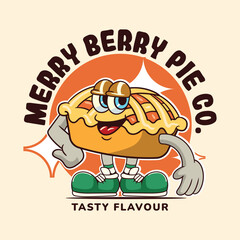 Funny Pie Cake Food Cartoon Characters in Retro 70s Illustration