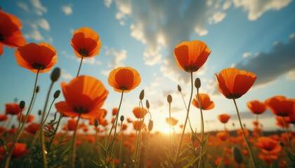 Vibrant poppy flowers in sunset light over serene field