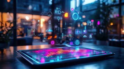 Futuristic tablet displaying vibrant data visualizations in cafe