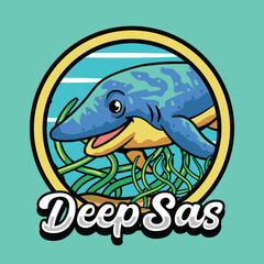 Cute Shastasaurus aquatic Dinosaur Emblem Character Mascot Cartoon Illustration