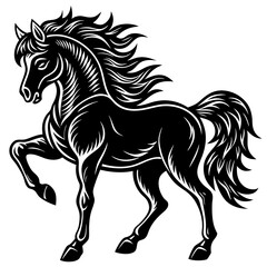 Black horse prancing isolated on white background