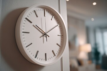 A modern minimalist white wall clock showing the time in a brightly lit interior, conveying punctuality and organization in home or office decor, with blurred background